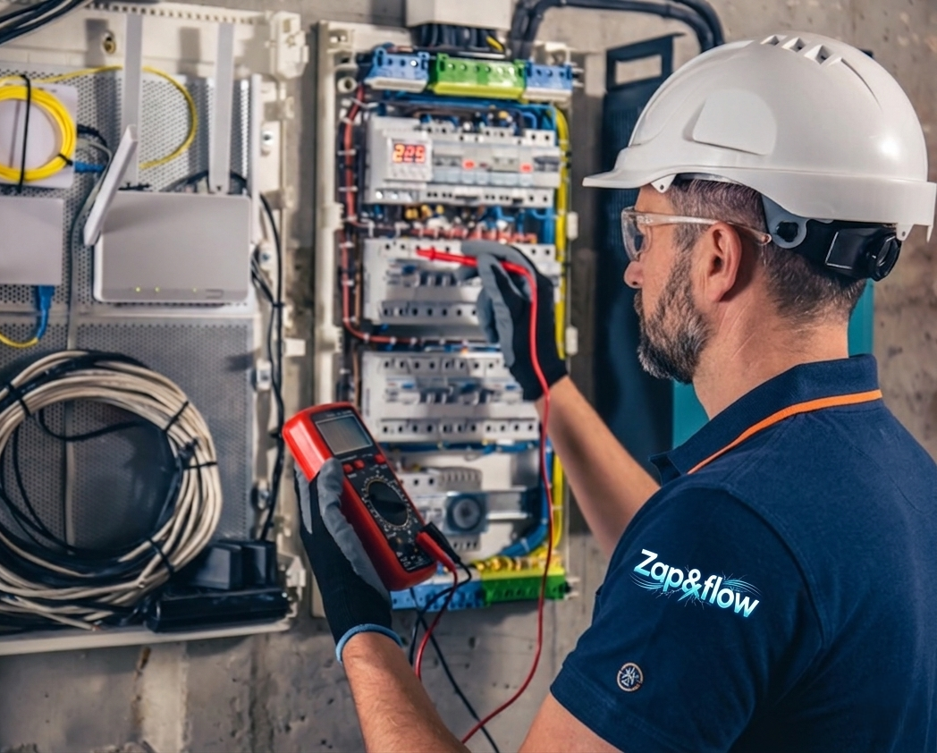Licensed electrician performing wiring installation at a residential property