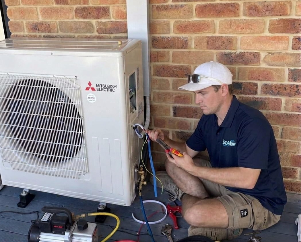 Technician installing and maintaining a residential air conditioning unit